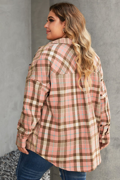 Pink Plaid Pocketed Plus Size Shirt With Long Sleeves
