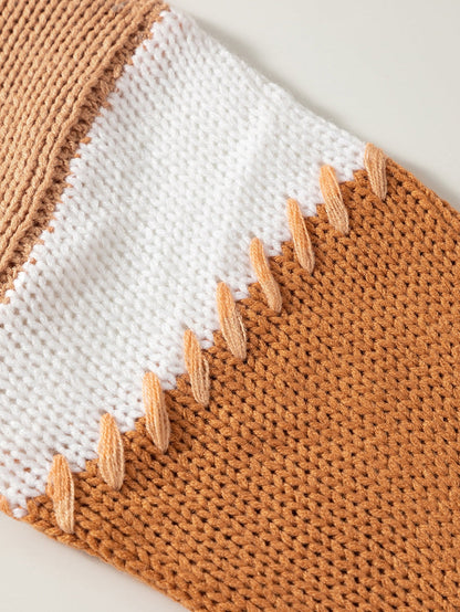 French Beige Patchwork Oversized Knit Sweater with Contrast Stitch