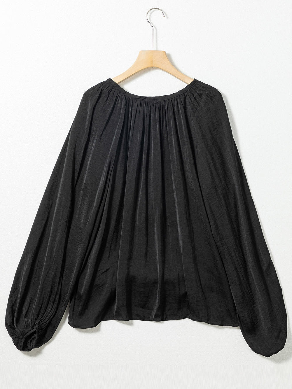 Elegant Black Satin V Neck Pleated Puff Sleeve Blouse