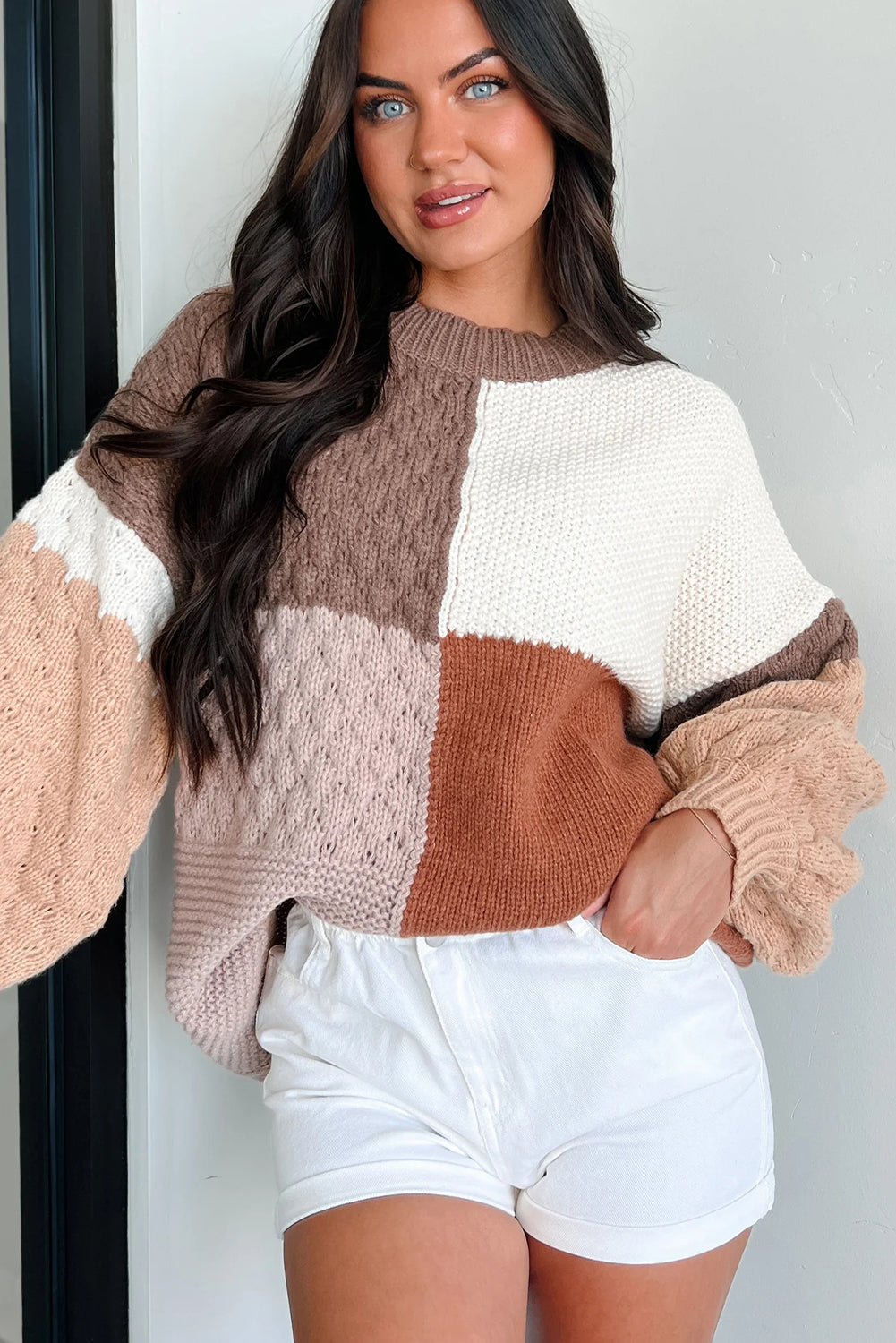 Coffee Mix Texture Colorblock Knit Baggy Sweater