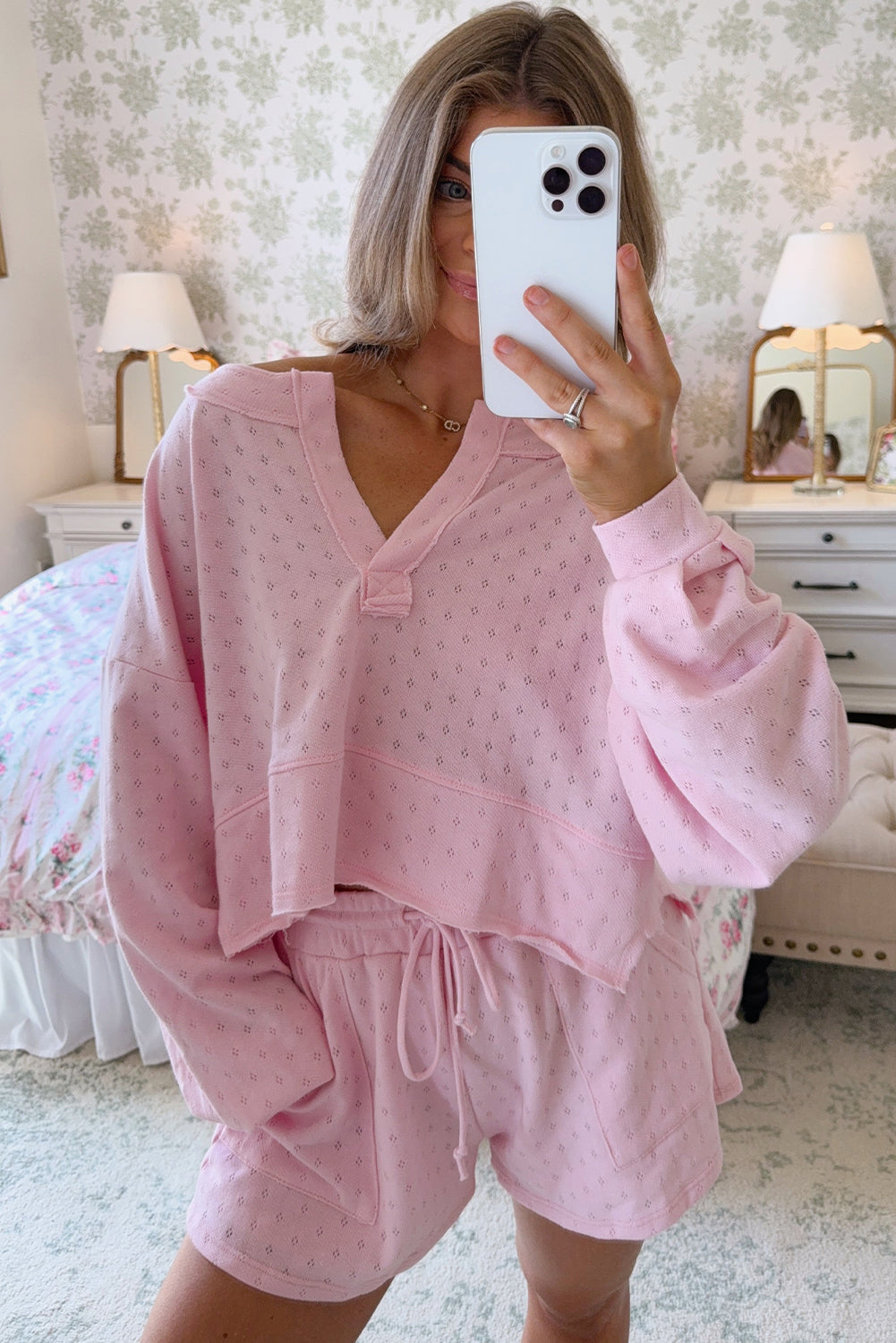 Light Pink Pointelle Patterned Loose Long Sleeve Top Drawstring Shorts 2pcs Set