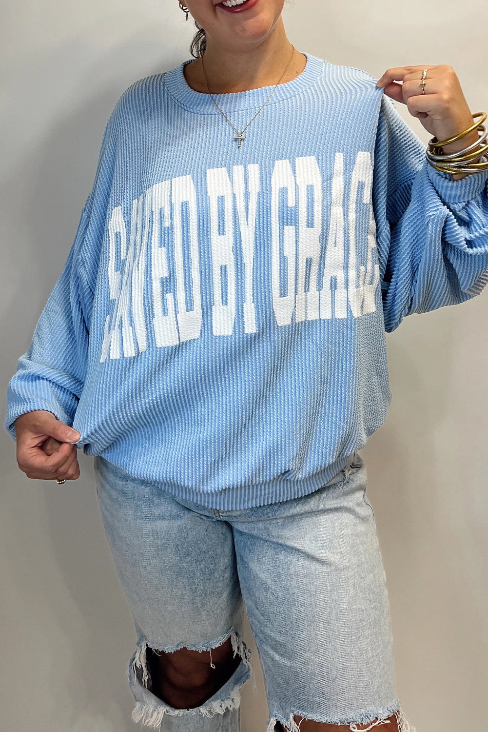 Beau Blue GOD IS LOVE/ SAVED BY GRACE Letter Print Twisted Ribbed Loose Top