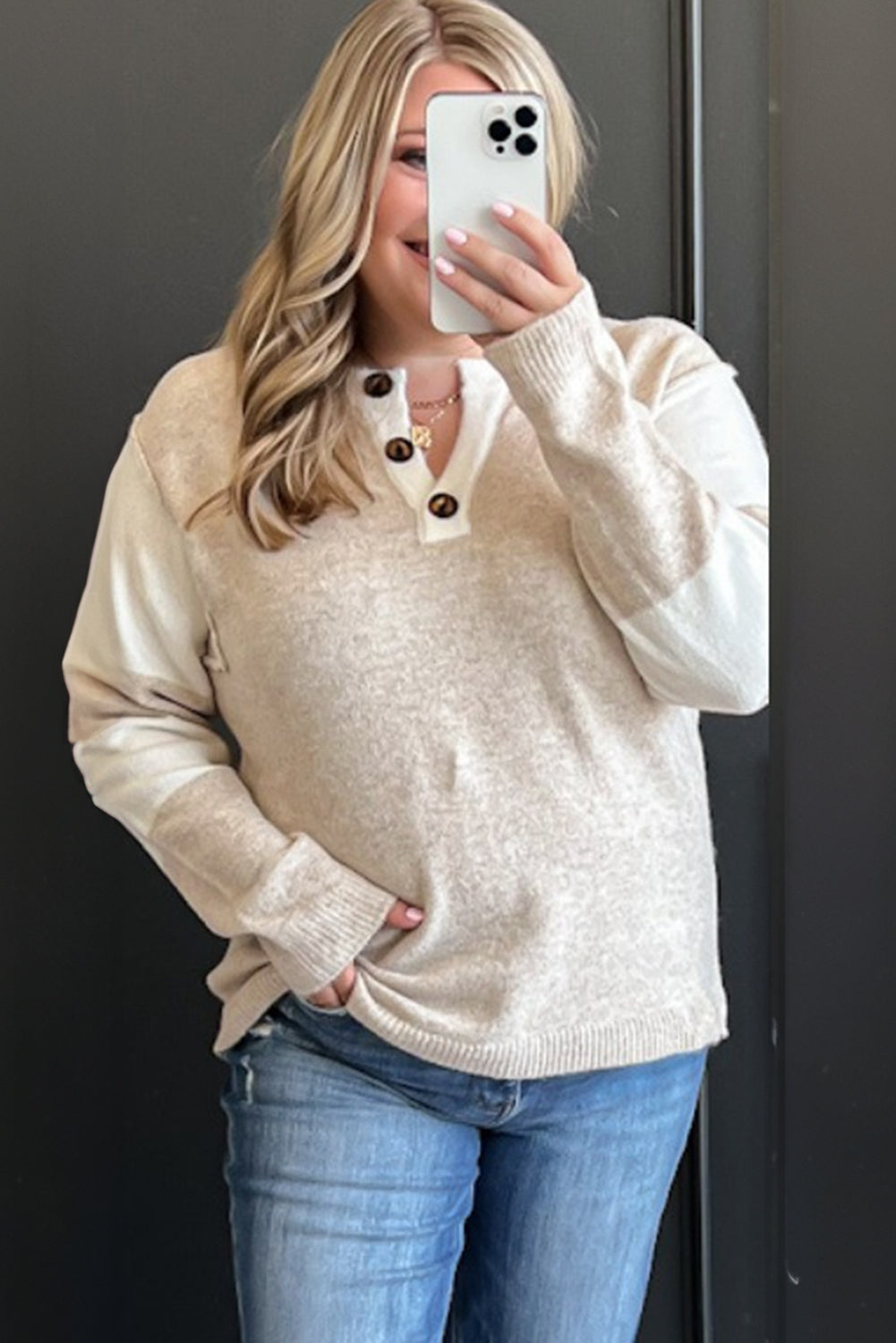Parchment Color Block Sleeve Button Notched Neck Plus Size Sweater