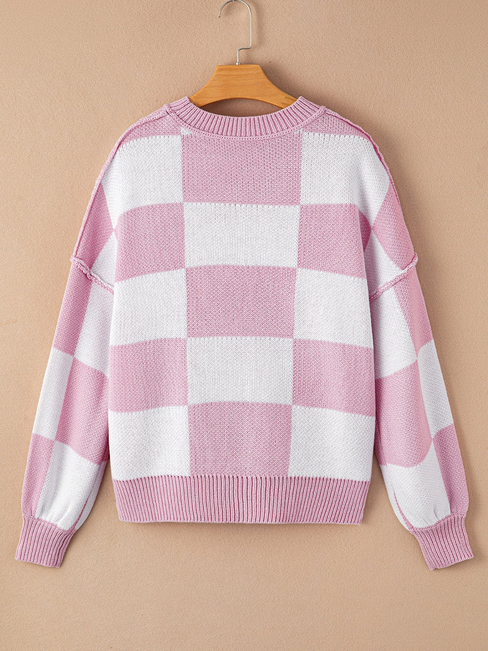 Elegant Pink Plaid Bishop Sleeve Knit Sweater