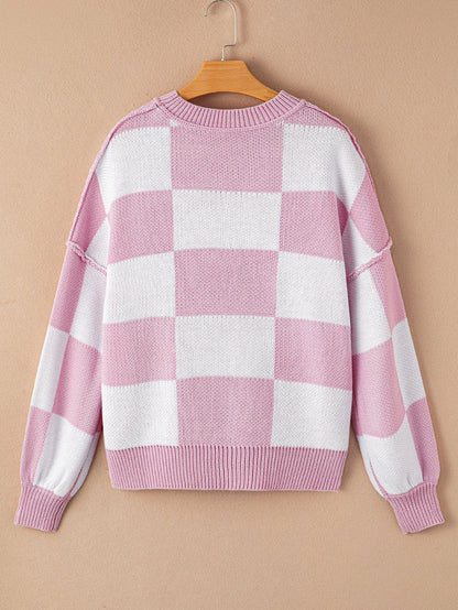 Elegant Pink Plaid Bishop Sleeve Knit Sweater