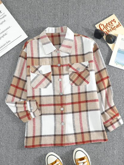 Khaki Plaid Print Sheath Button-Up Coat with Pockets