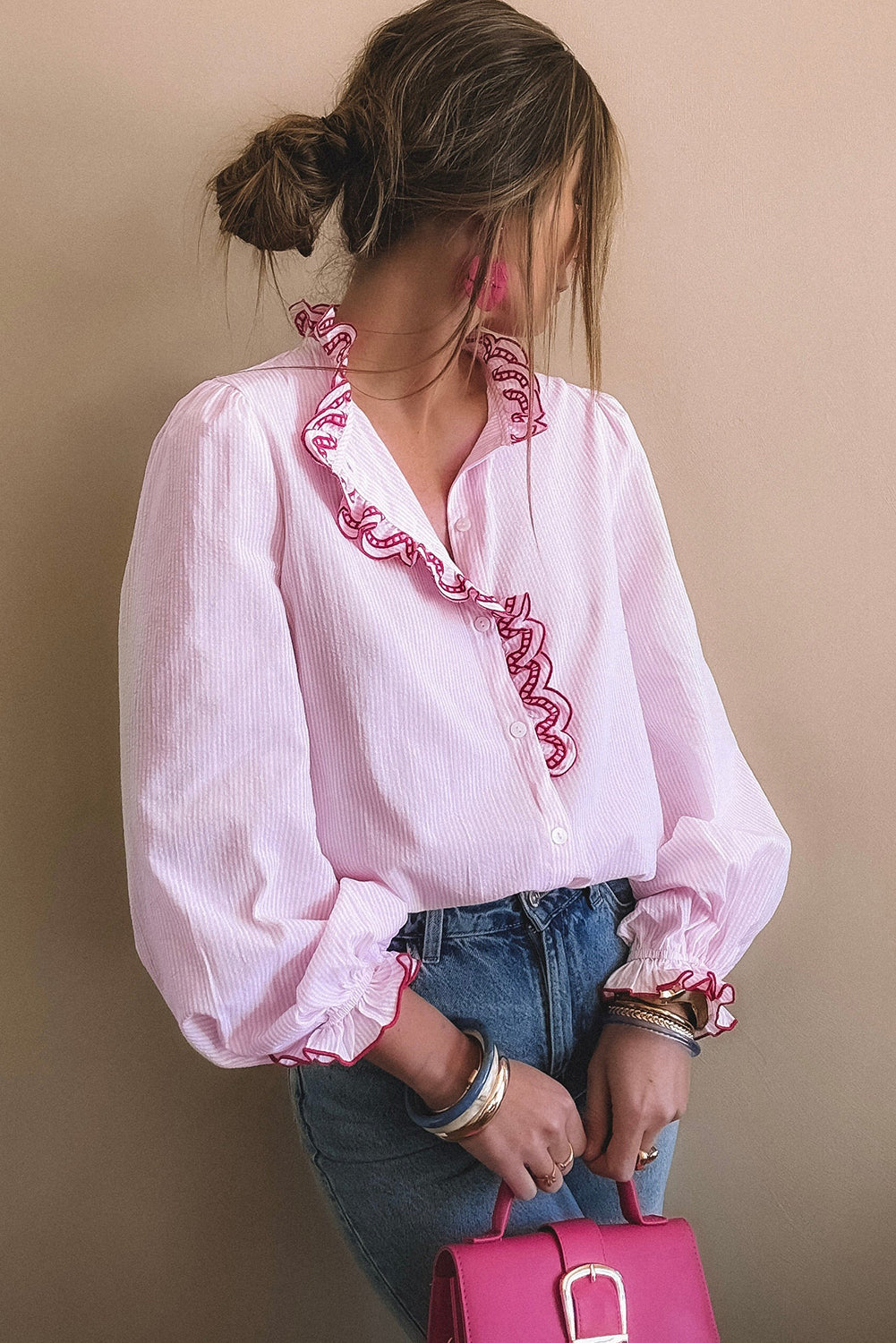 Light Pink Striped Print Embroidered Ruffle Trim Long Puff Sleeve Shirt