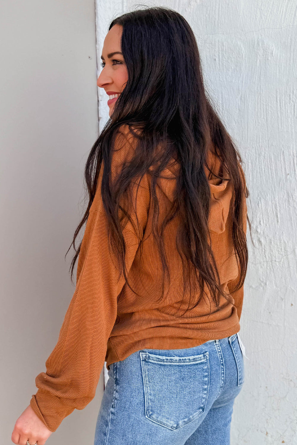 Chestnut Color Block Ribbed Knit Button Neck Drop Shoulder Hoodie