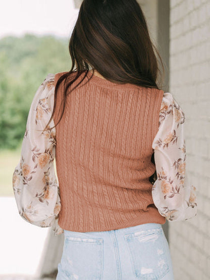 Golden Floral Patchwork Ruffled Cuff Cable Knit Sweater with Elegant Southern Belle Style