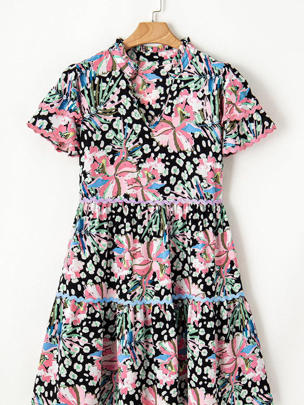 Floral Flared Dress with Multicolour Ric-rac Trim