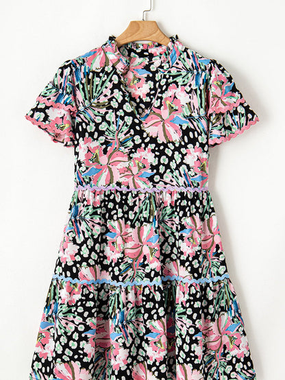 Floral Flared Dress with Multicolour Ric-rac Trim