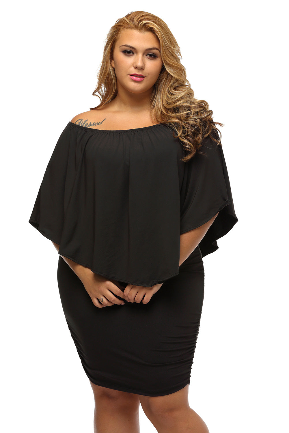 Elegant Black Layered Poncho Mini Dress for Plus Size Women