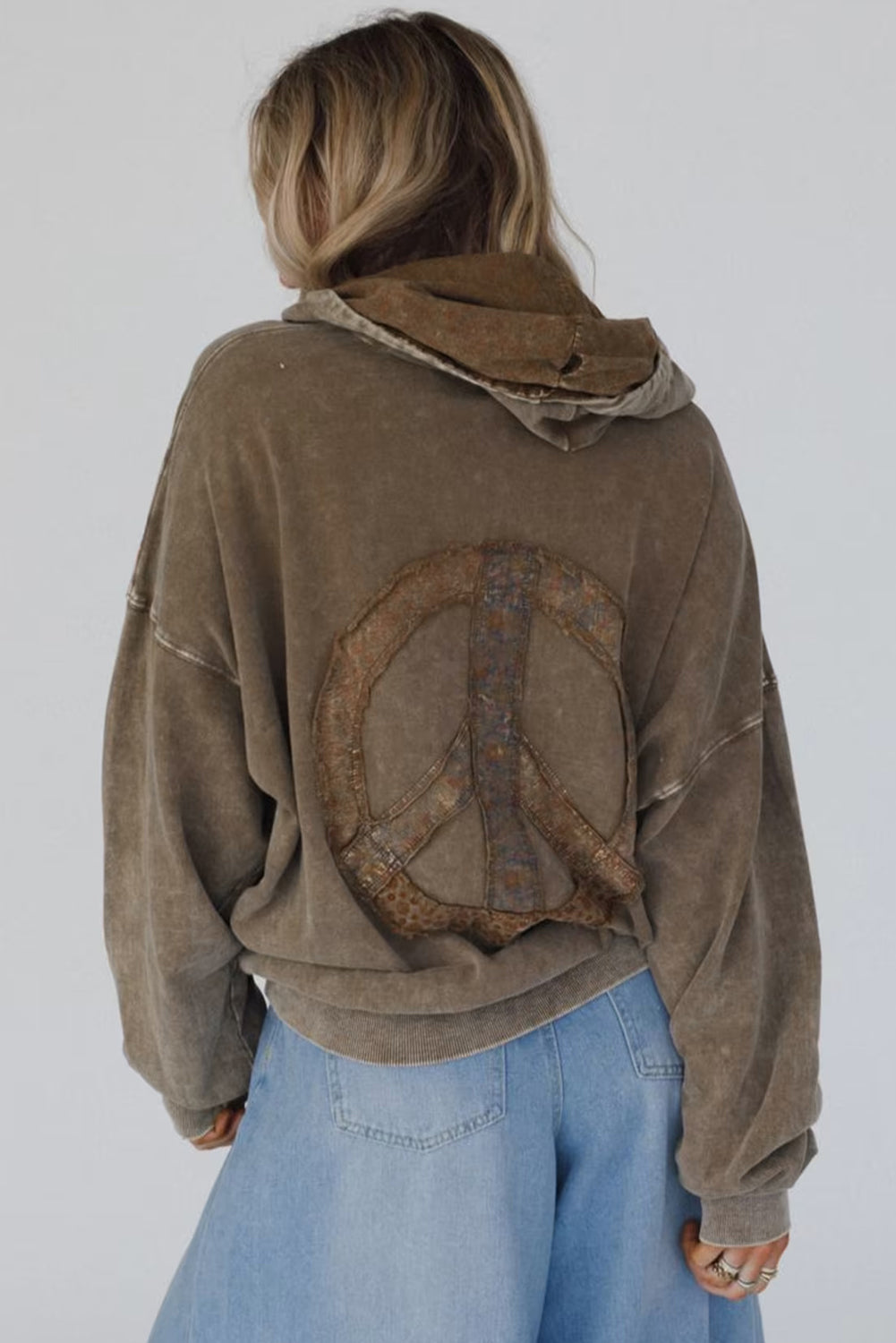 Dark Brown Mineral Wash Button Drawstring Neck Hooded Sweatshirt