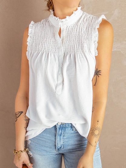 Flowy White Tank Top with Frills and Button Detail