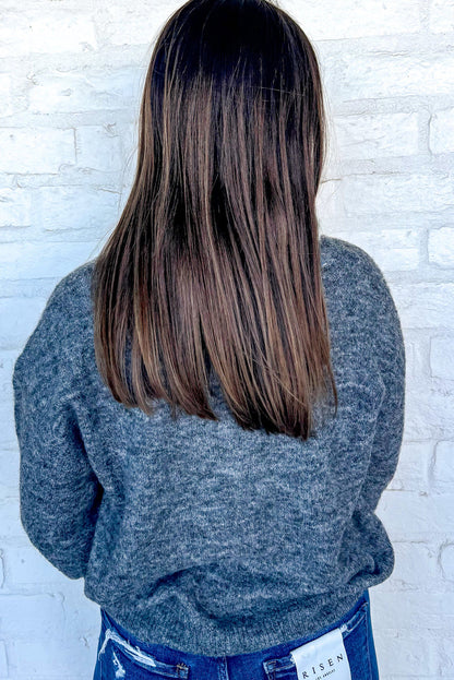 Medium Grey Cute Flower Decor Contrast Trim Neck Cuffed Sweater