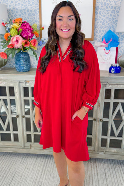 Fiery Red Plus Size Contrast Trim V Neck Puff Sleeve Loose Dress with Pockets