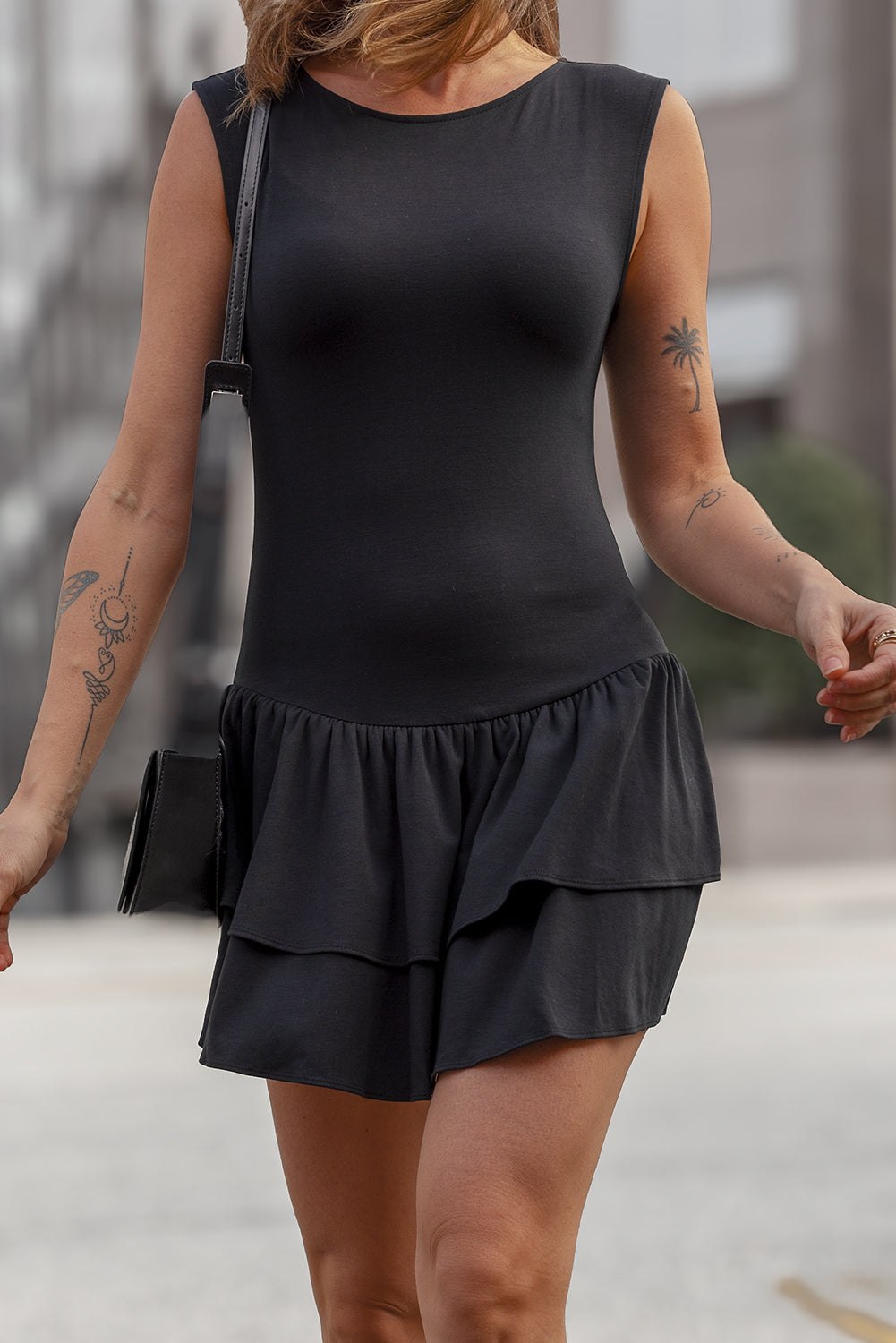 Black Double Ruffle Hem Sleeveless Mini Dress