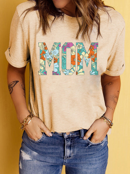 Khaki Floral "MOM" Print Crew Neck T-Shirt