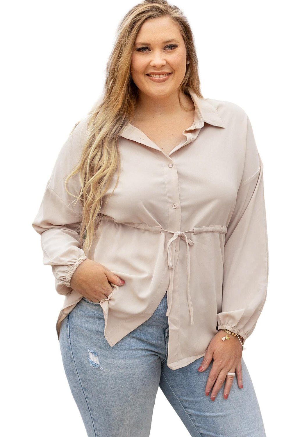 Romantic Khaki Shift Style Plus Size Tunic Blouse