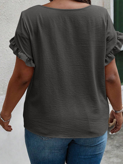 Dark Grey Ruffled Short Sleeve Plus Size Top