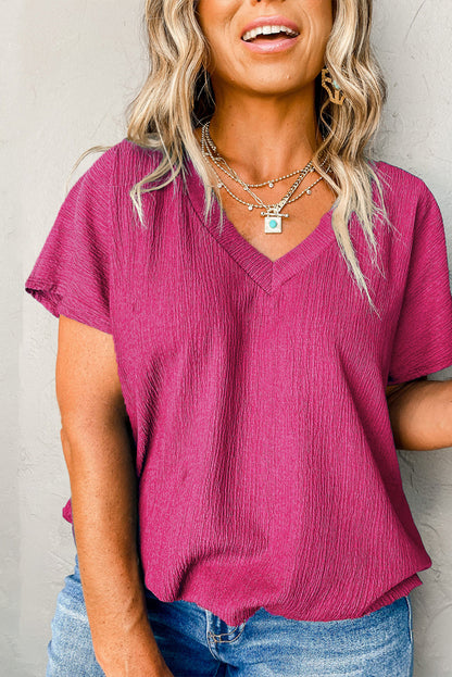 Bubble Hem Bright Pink V Neck Plus Size Top