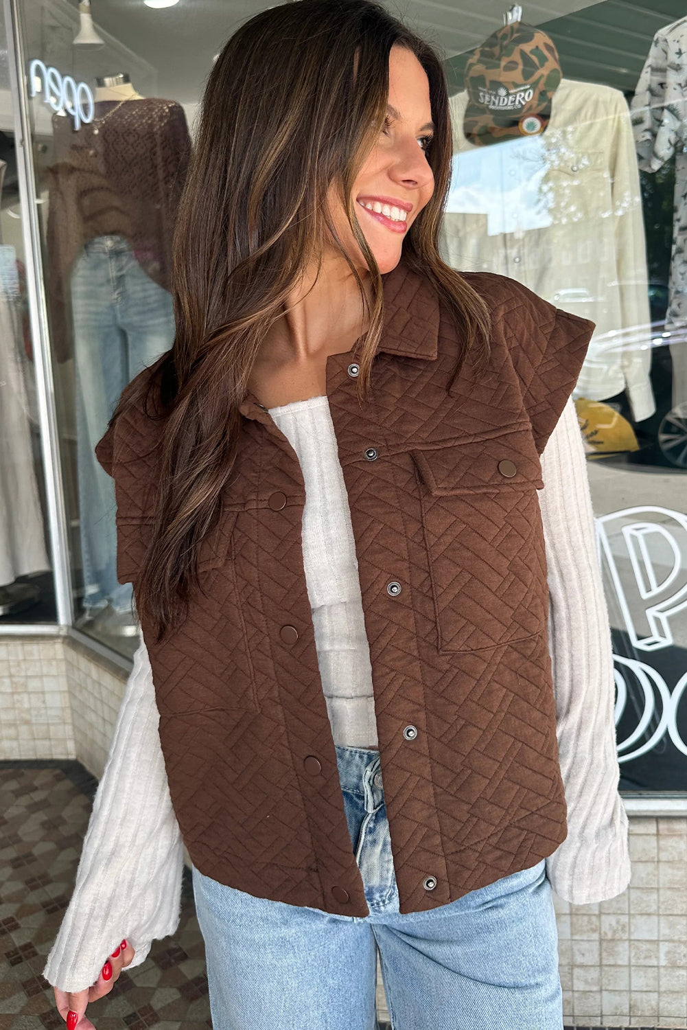 Coffee Quilted Texture Collar Snap Button Winter Vest
