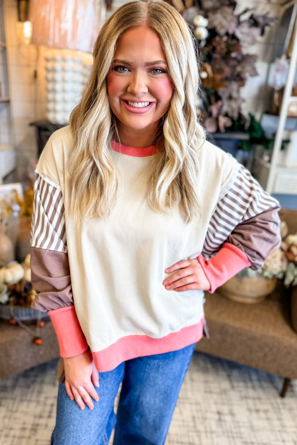 White Color Block Striped Patchwork Dolman Slit Sweatshirt