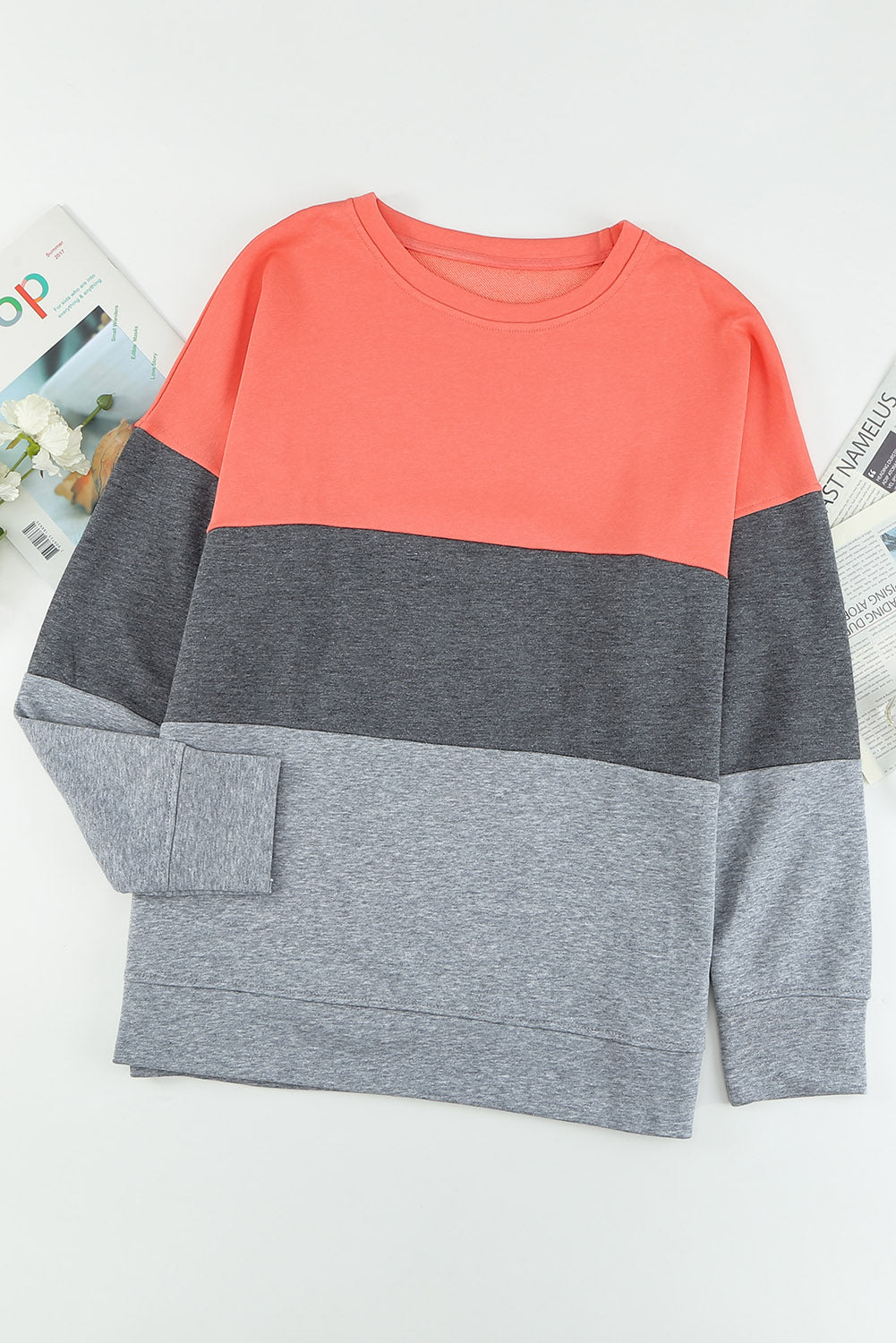 Cozy Oversized Colorblock Plus Size Sweatshirt with Slit Detail