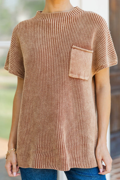 Chestnut Mineral Wash Ribbed Knit Patched Pocket Short Sleeve Loose Sweater