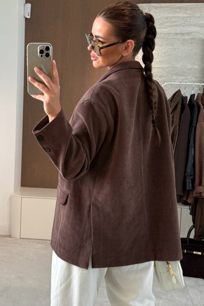 Dark Brown Solid Color Lapel Collar Winter Corduroy Blazer