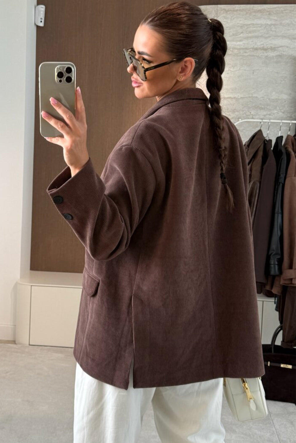 Dark Brown Solid Color Lapel Collar Winter Corduroy Blazer