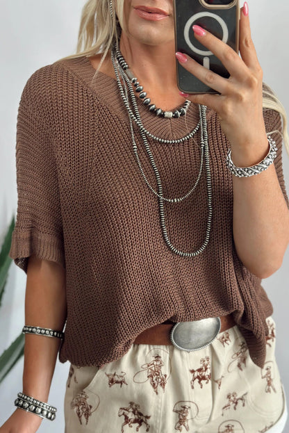 Coffee V Neck Half Sleeve Loose Sweater