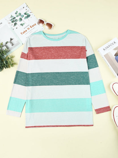 Green Striped Colorblock Shift Top for Curvy Women