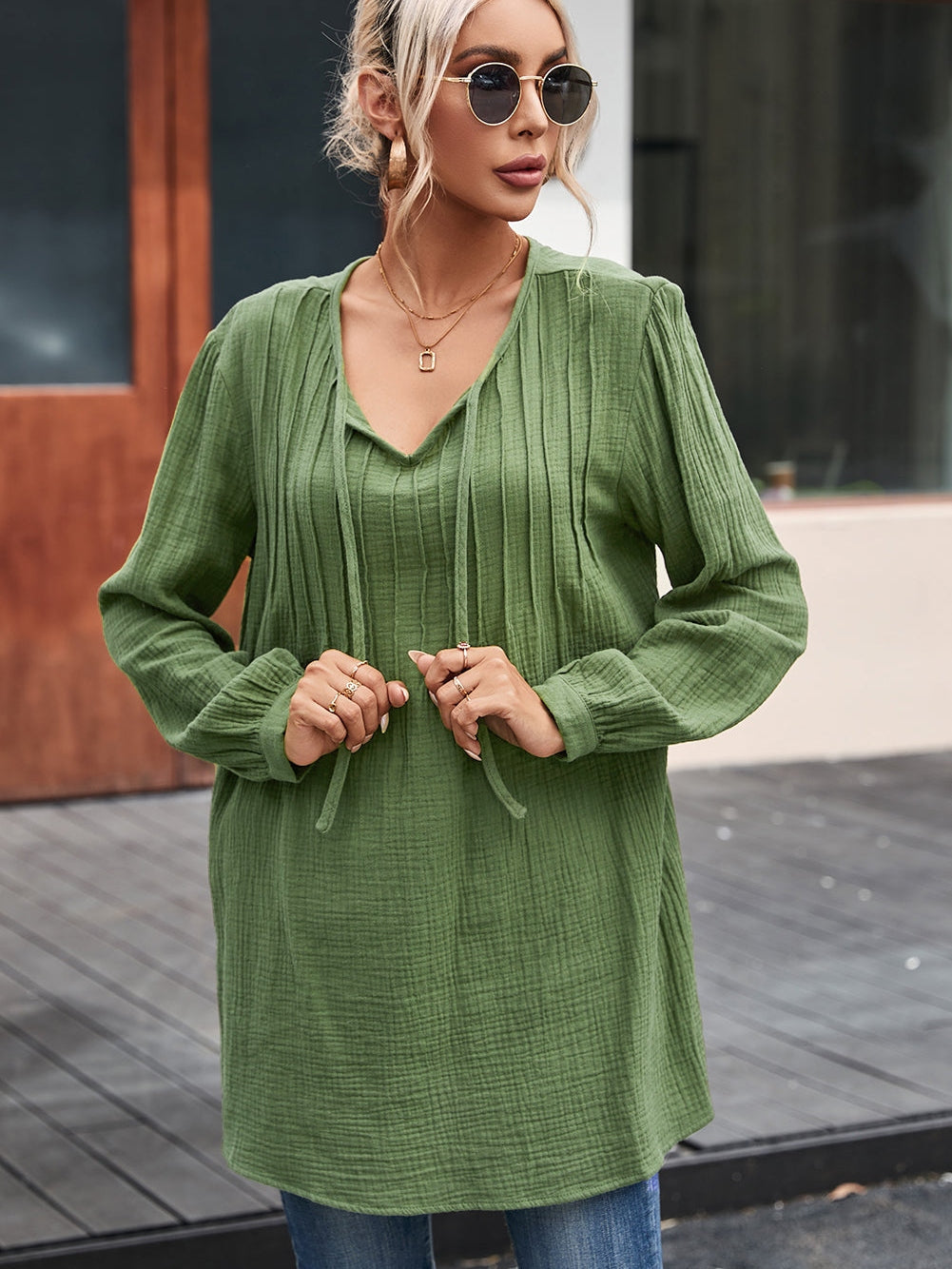 Green Textured V Neck Loose Top with Pleated Details