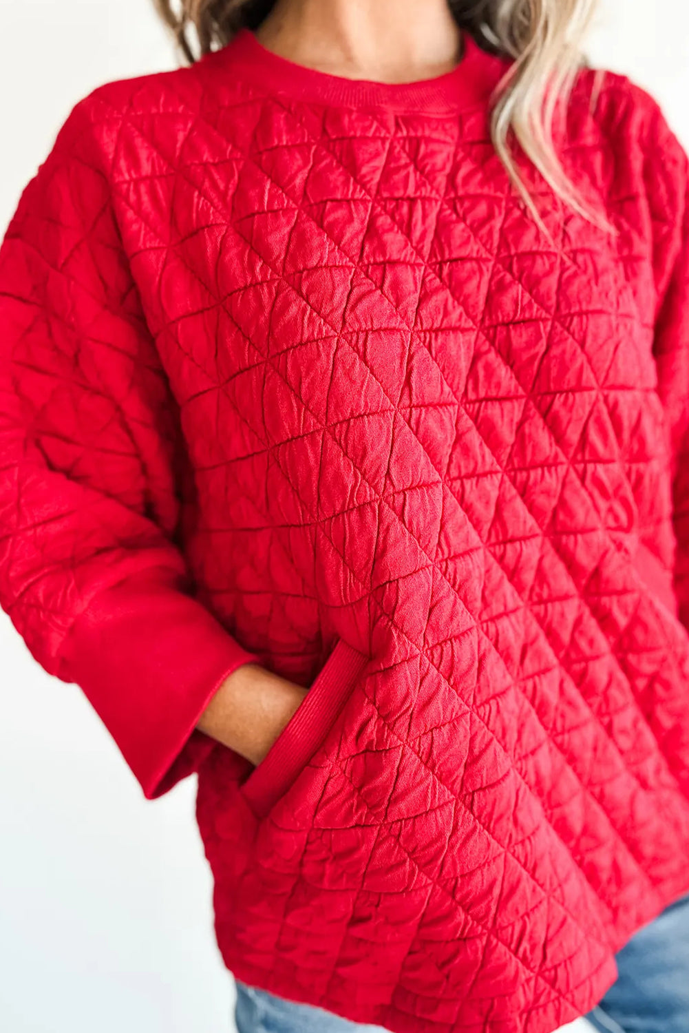 Fiery Red Quilted Texture Loose 3/4 Sleeve Top