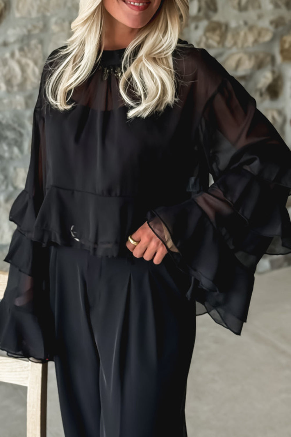 Black Ruffled Trim Bell Sleeve Mock Neck Cropped Blouse