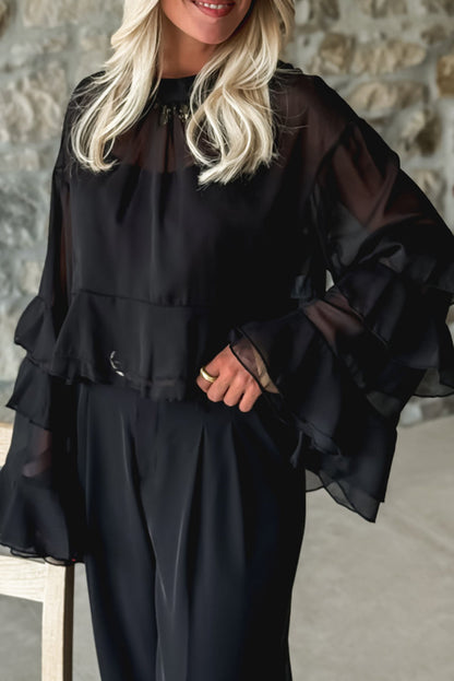 Black Ruffled Trim Bell Sleeve Mock Neck Cropped Blouse