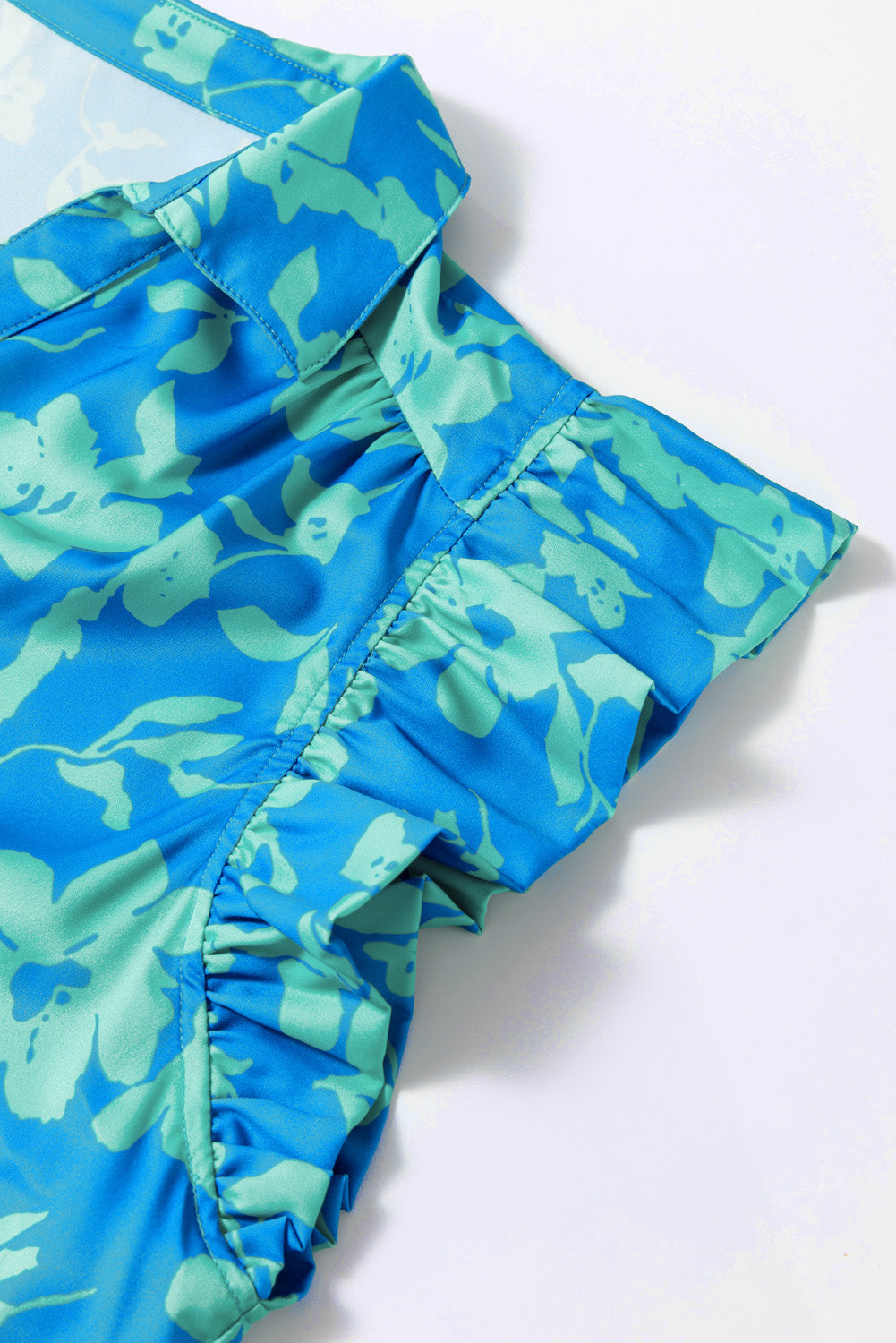 Sky Blue Floral Print Plus Size Flutter Sleeve Mini Dress with Button Detail