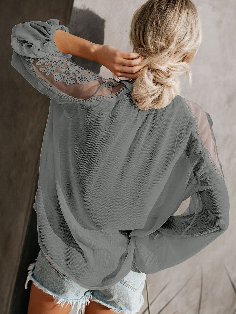 Elegant Gray Lace Detail V-Neck Blouse