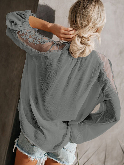 Elegant Gray Lace Detail V-Neck Blouse