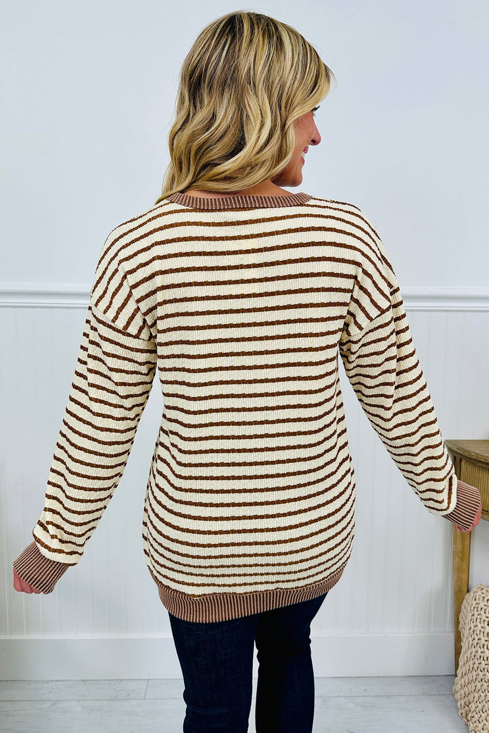 Brown Stripe Twist Ribbed Drop Shoulder Pullover Top