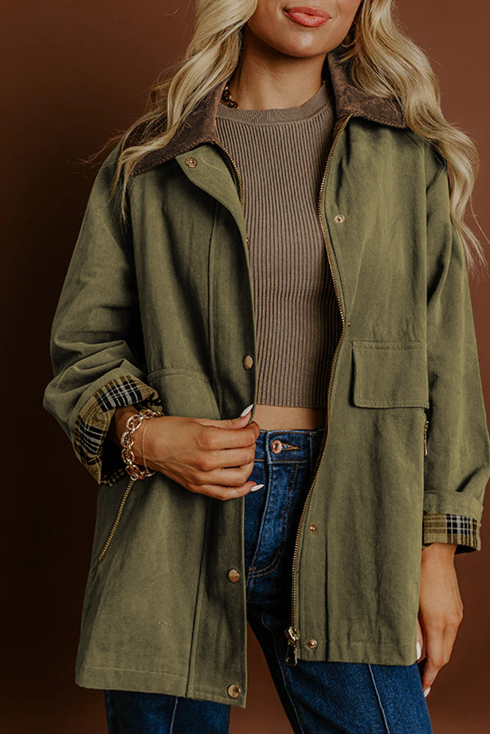 Moss Green Color Block Collar Patchwork Contrasted Leopard Liner Utility Jacket