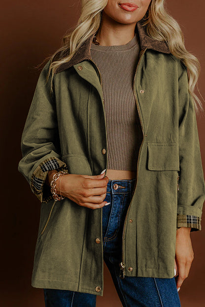 Moss Green Color Block Collar Patchwork Contrasted Leopard Liner Utility Jacket