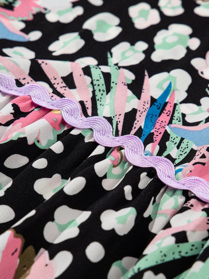 Floral Flared Dress with Multicolour Ric-rac Trim