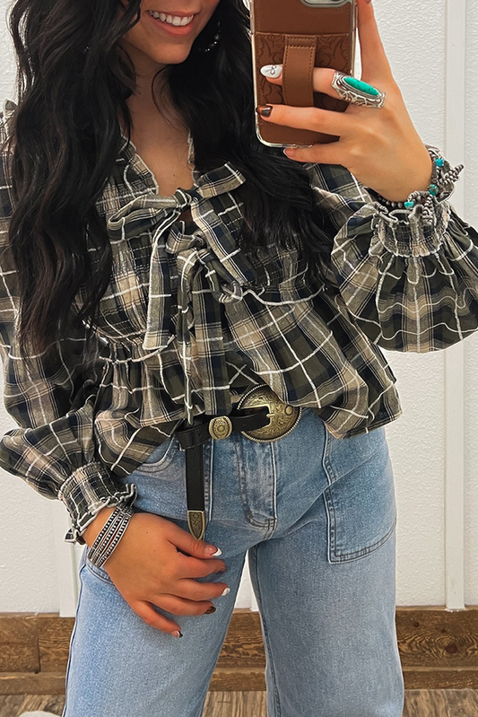 Black Plaid Print Ruffle Trim Front Tie Blouse