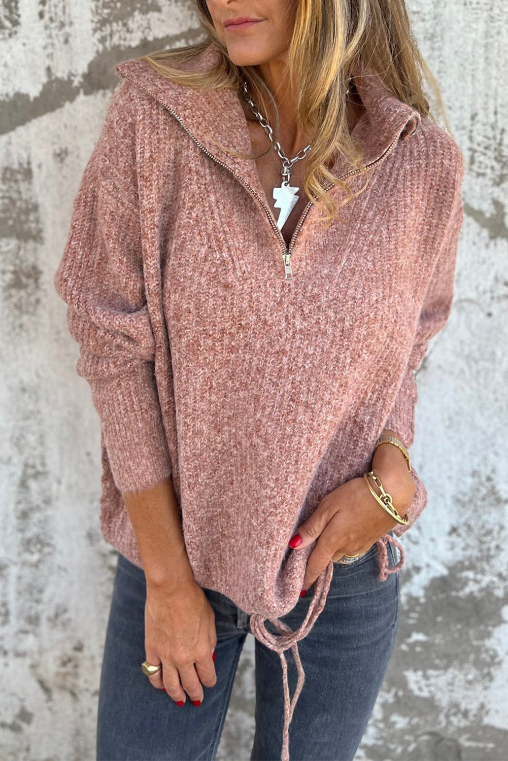 Rose Tan Half Zipped Collar Drawstring Hem Casual Sweater
