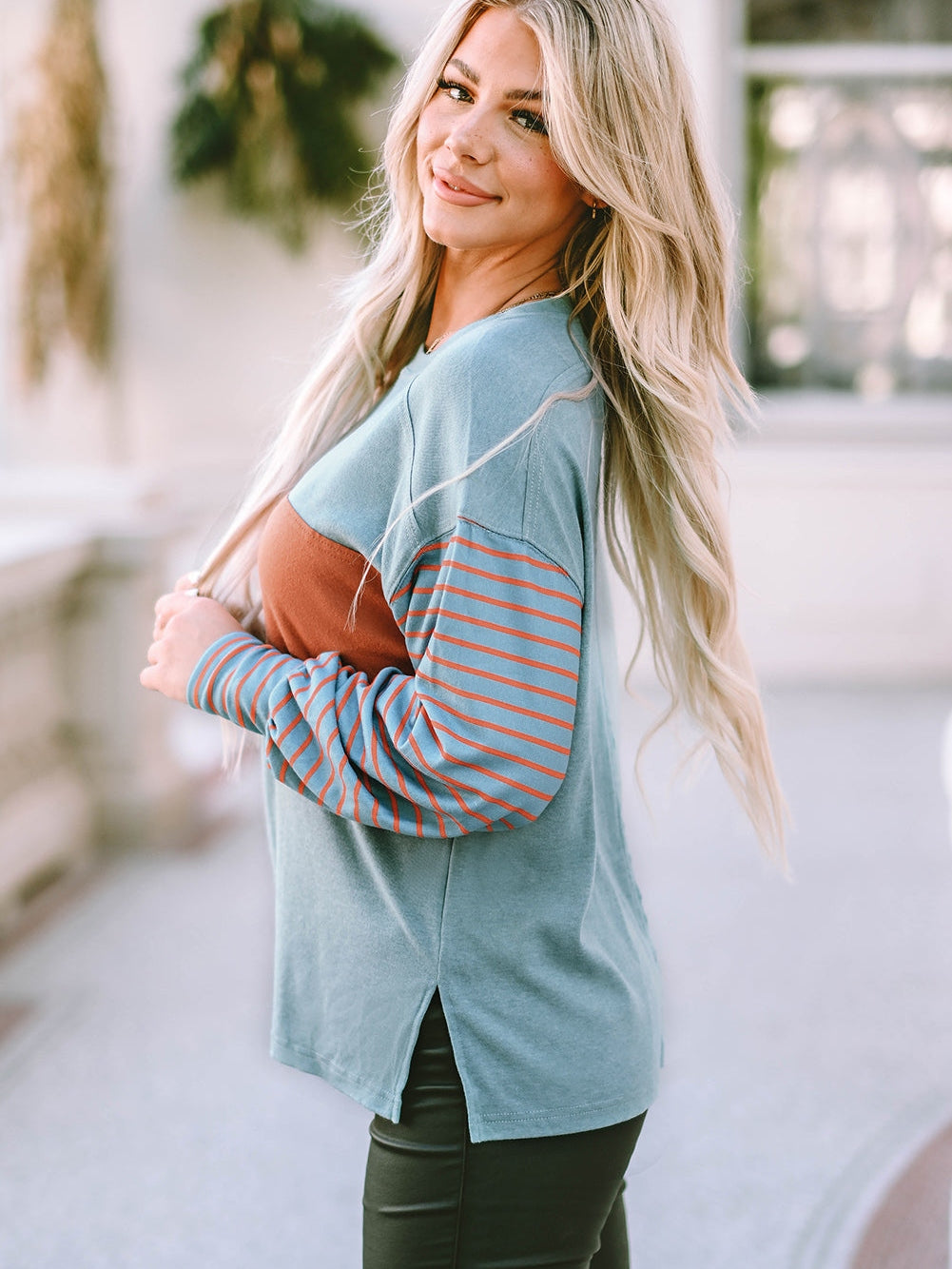 Green Striped Colorblock Bishop Sleeve Top