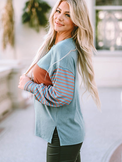 Green Striped Colorblock Bishop Sleeve Top