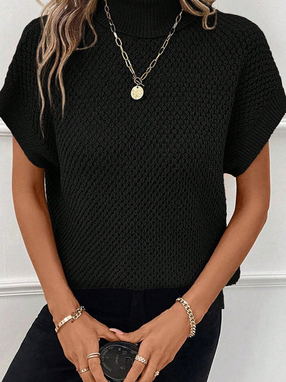 Elegant Black Ribbed Turtleneck Short Sleeve Sweater