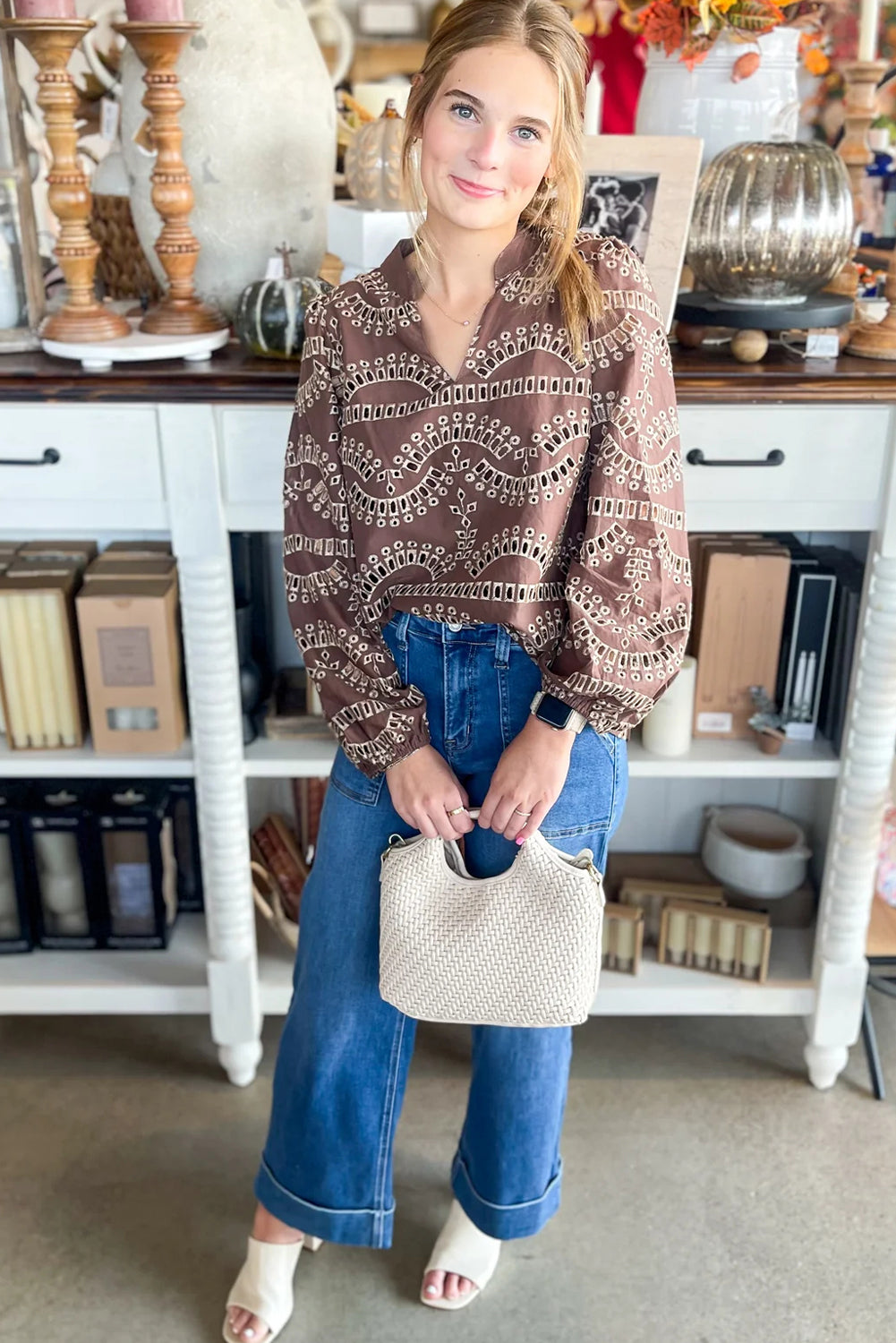 Coffee Embroidered Pattern Notched Neck Long Sleeve Blouse